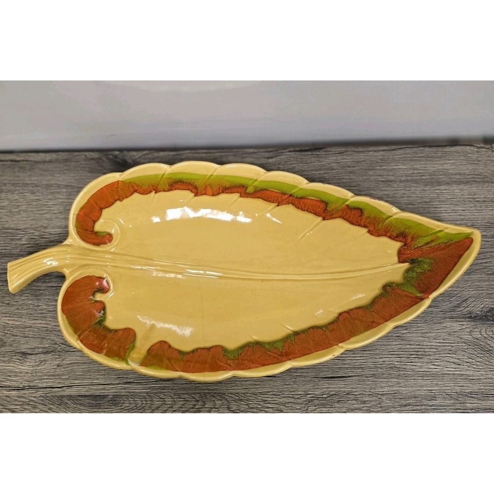 Vintage MCM California Pottery USA Leaf Platter #85 Yellow Orange 19.5" X 9"